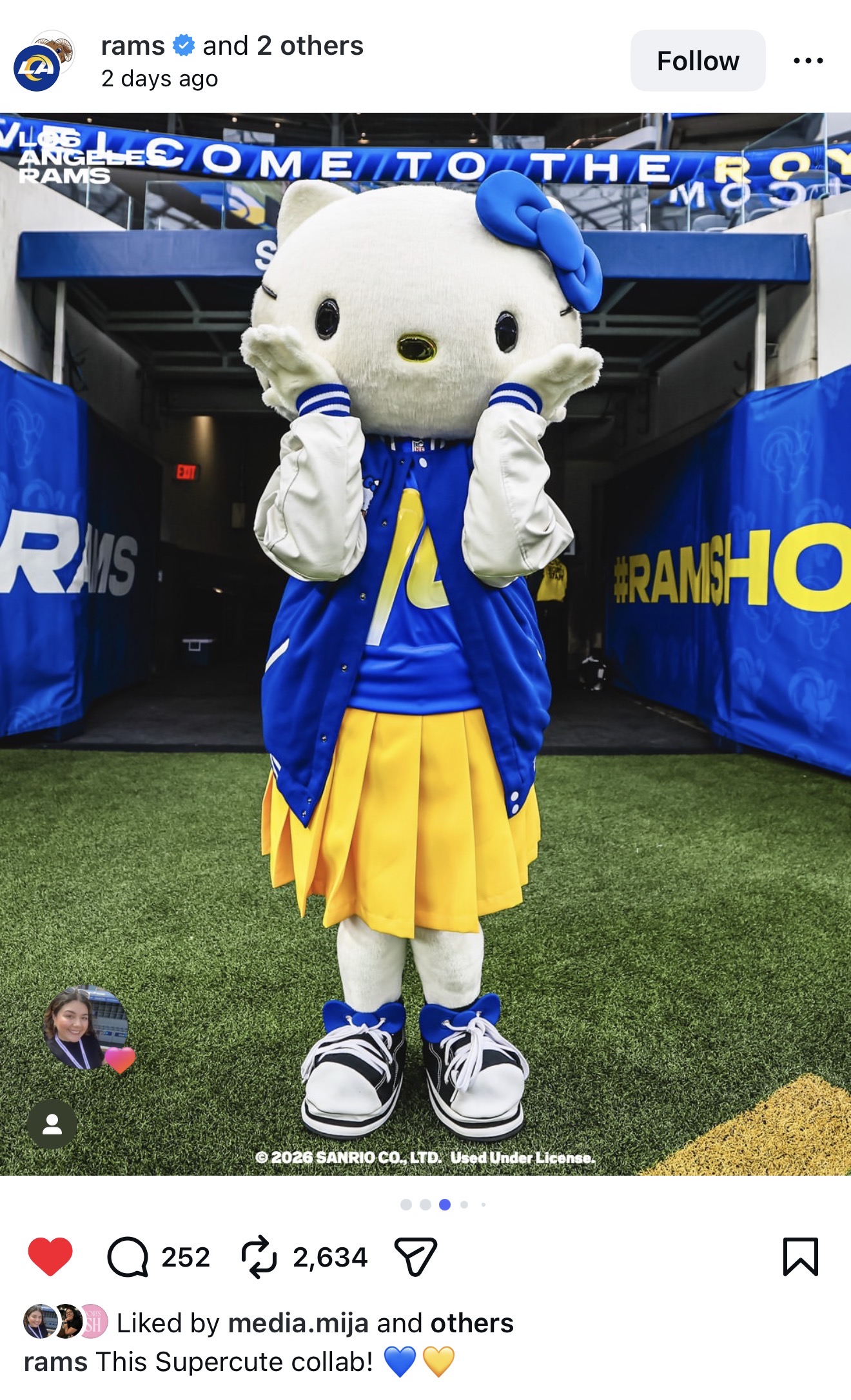 Hello Kitty in Rams jersey at stadium